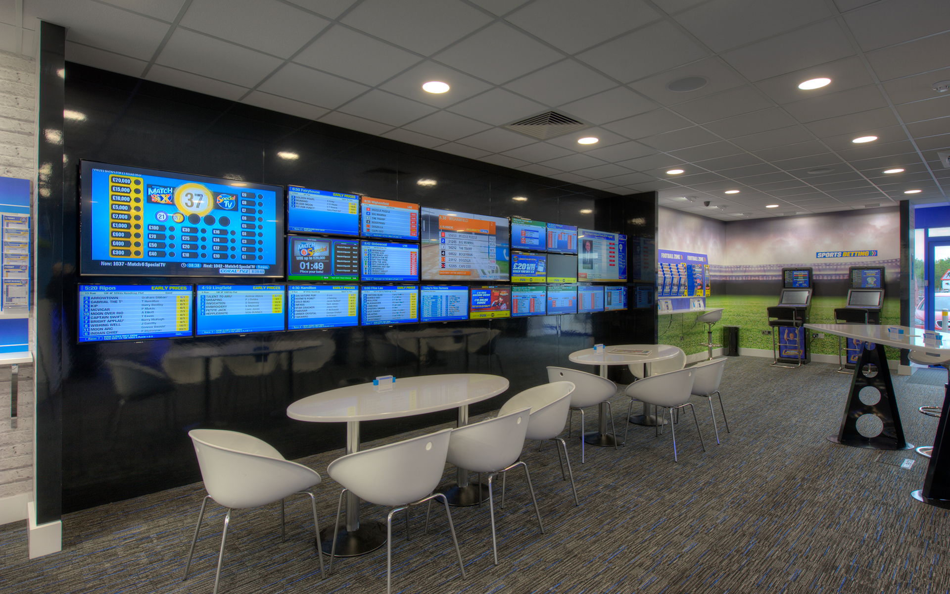 Screens on the wall at Coral Bookmakers